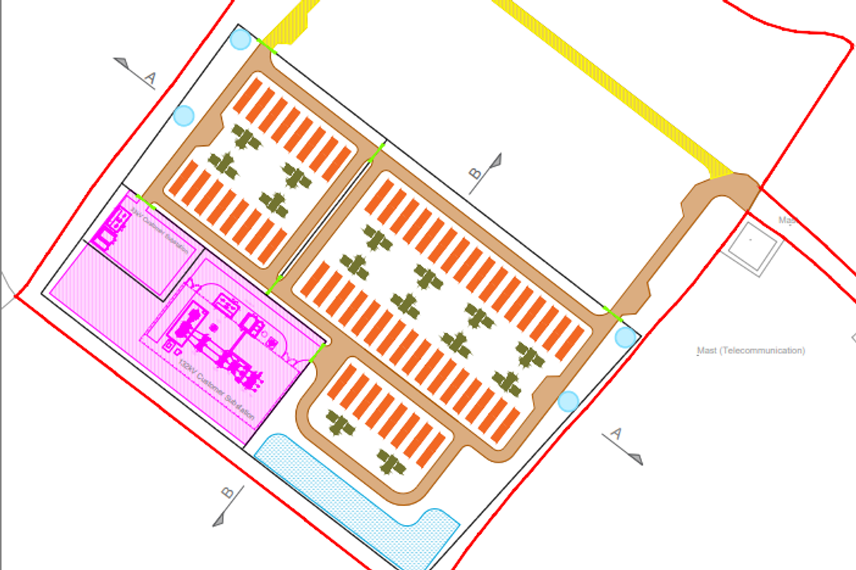 A proposed site layout for the battery energy storage site on land at Tean Leys Farm submitted as part of the application to East Staffordshire Borough Council