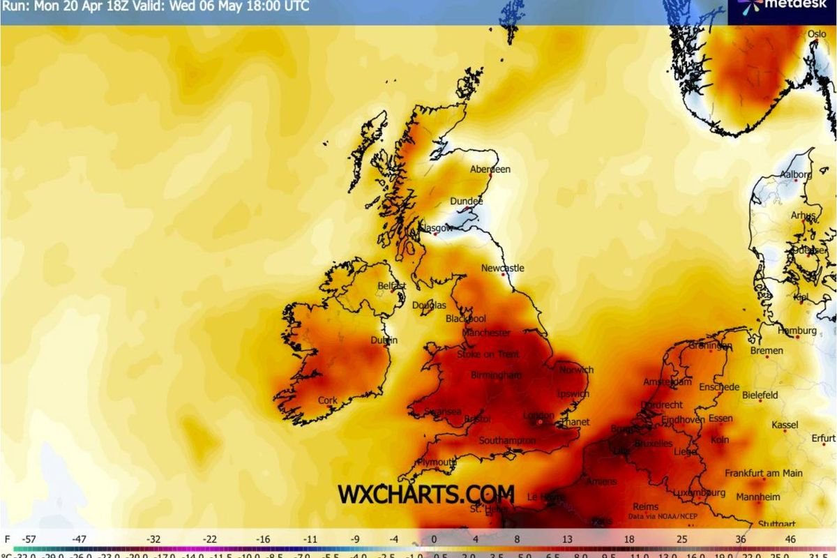 A map with a color gradient ranging from yellow to red, illustrating a geographical region, possibly the United Kingdom, with temperature variations indicated by the color intensity.