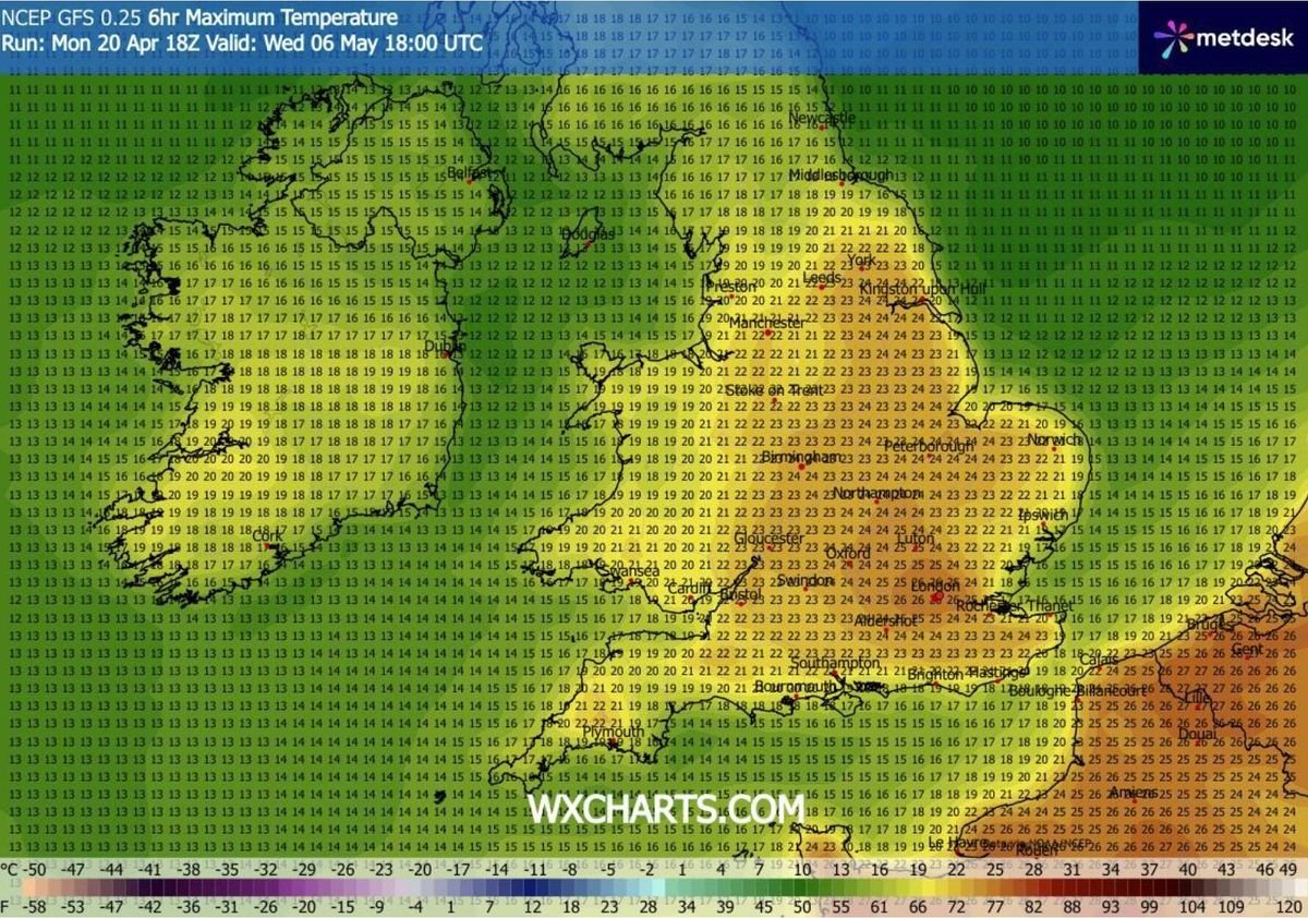 An image depicts a color-coded weather map centered on the British Isles, highlighting different regions with various shades of green and brown, indicating varying weather conditions. The map includes a watermark in the lower center reading "WEATHER.COM."