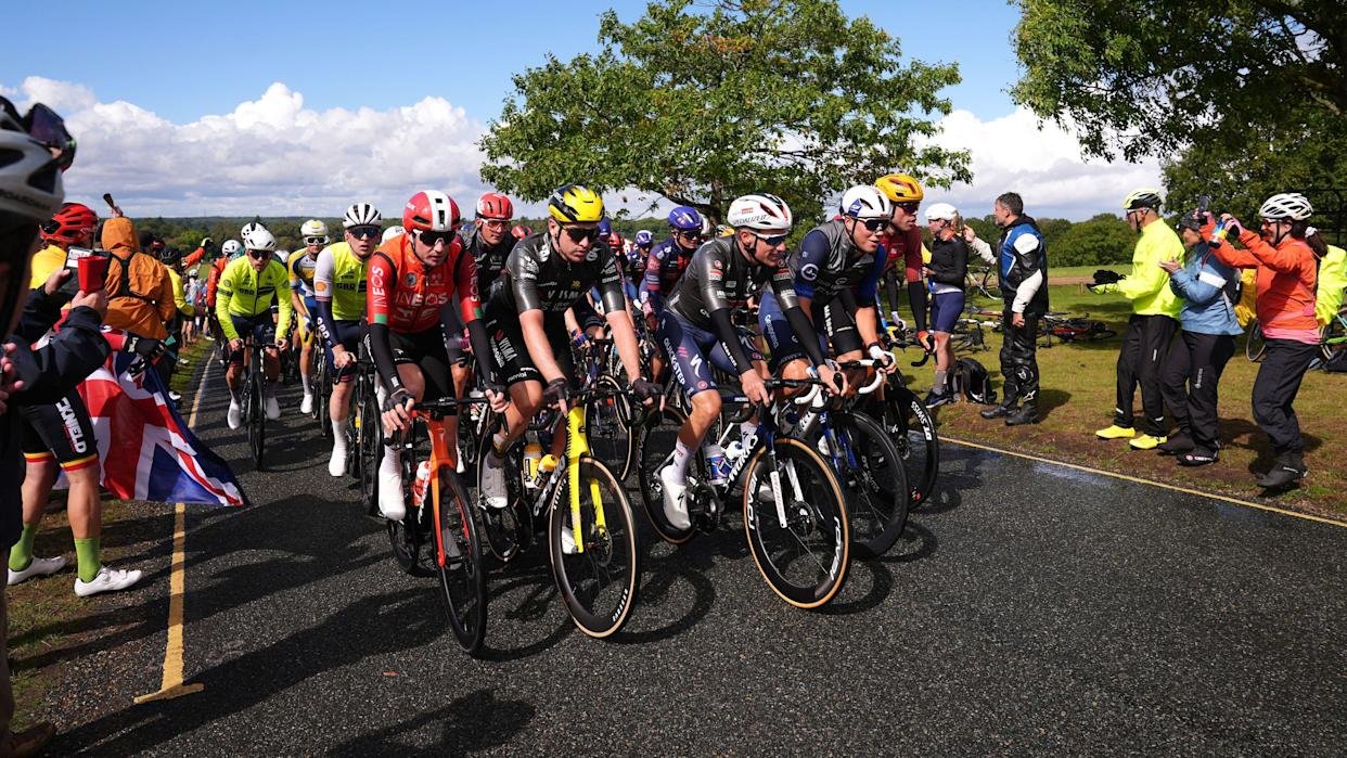 A crowd of racing cyclists wearing helmets and T-shirts of different colours. They are passing a small number of spectators who are standing on the grass next to the road. There are trees and clouds in the background.